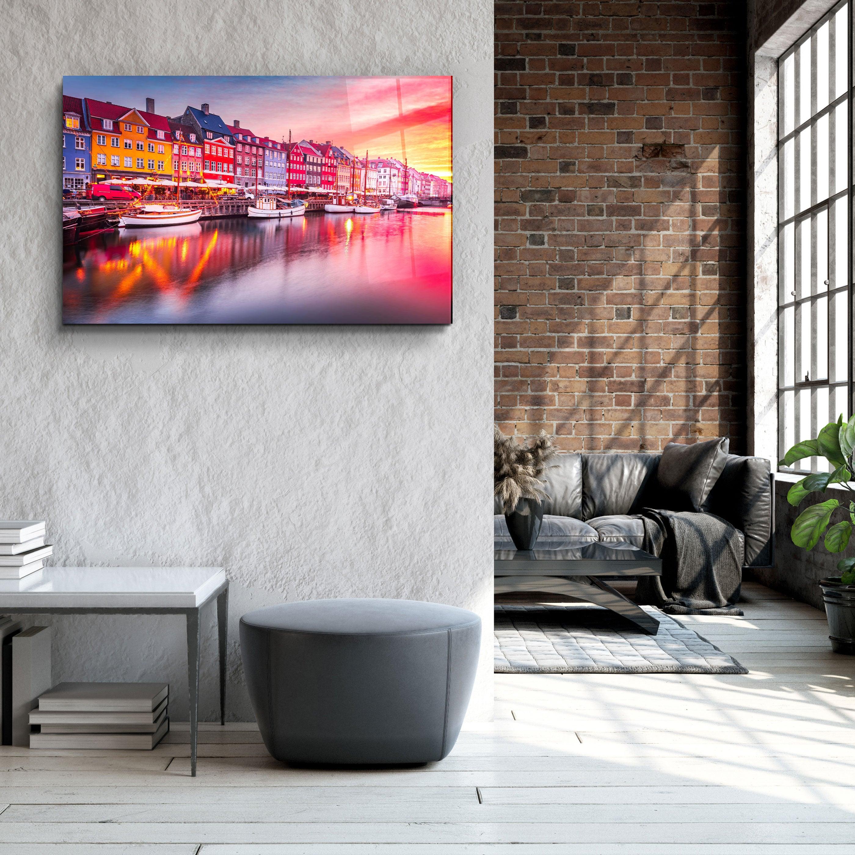 ・"Copenhagen, Denmark. Experience the breathtaking beauty of Nyhavn canal at sunrise"・Glass Wall Art