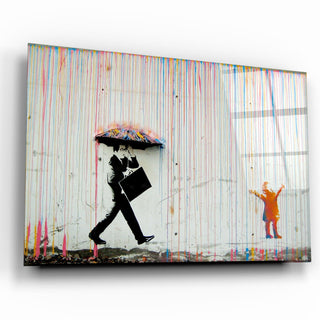 Banksy Umbrella Man Rainbow Rain Girl Glass Wall Art - ArtDesigna Glass Printing Wall Art