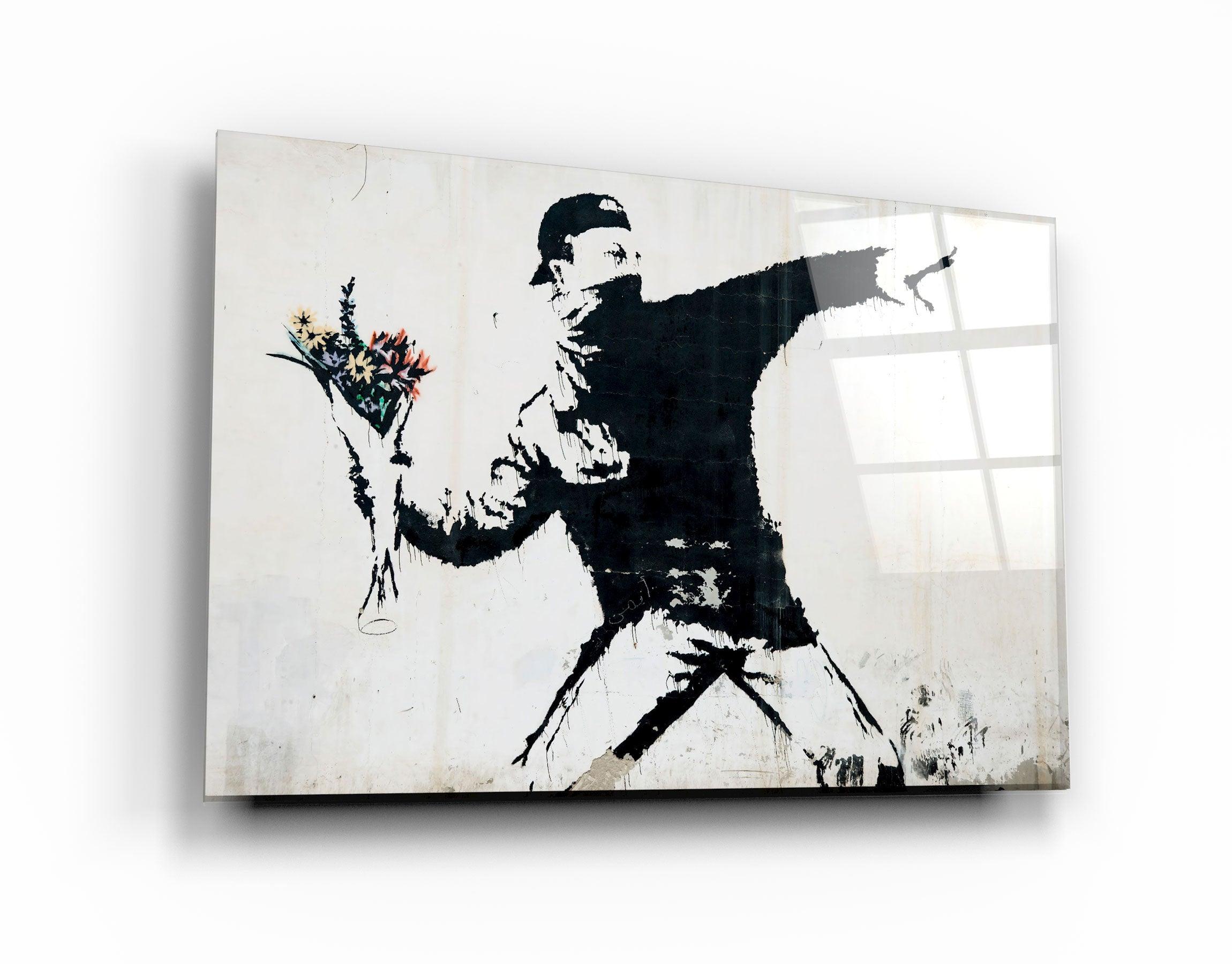 ・"Banksy - Rioter Throwing a Flower Bouquet"・Glass Wall Art