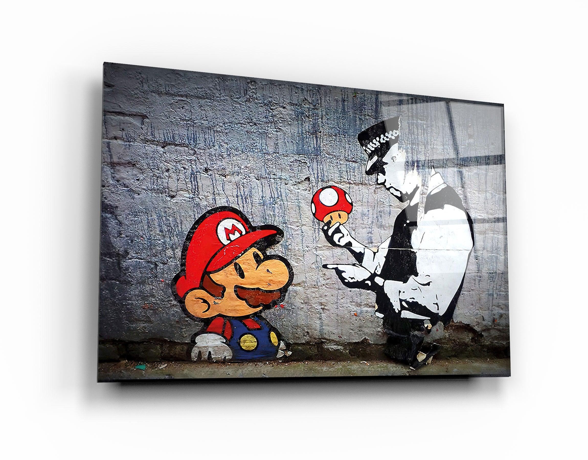 "Banksy - Mario with a Policeman"・Glass Wall Art