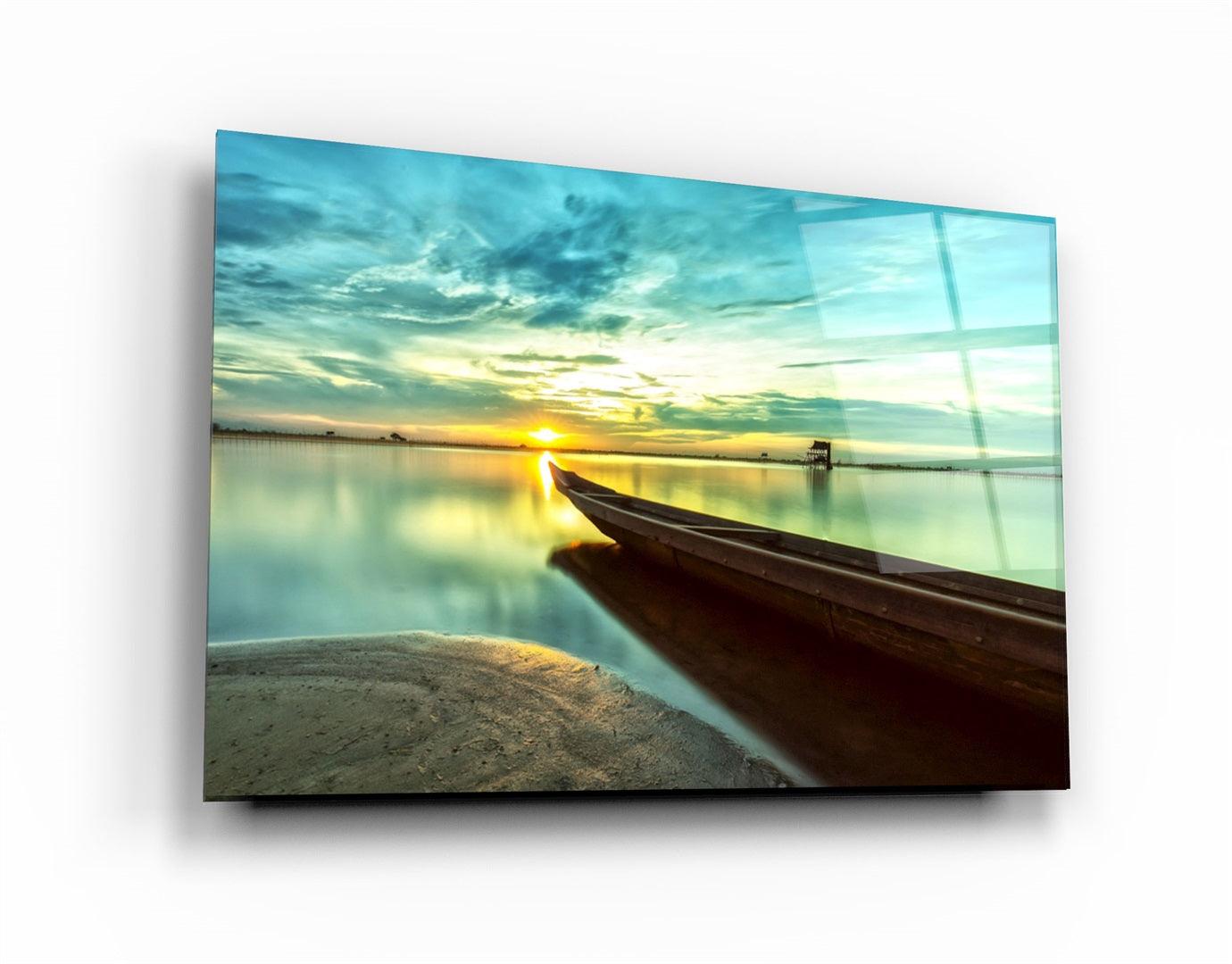 ・"Kayak and Sunset on the Beach"・Glass Wall Art