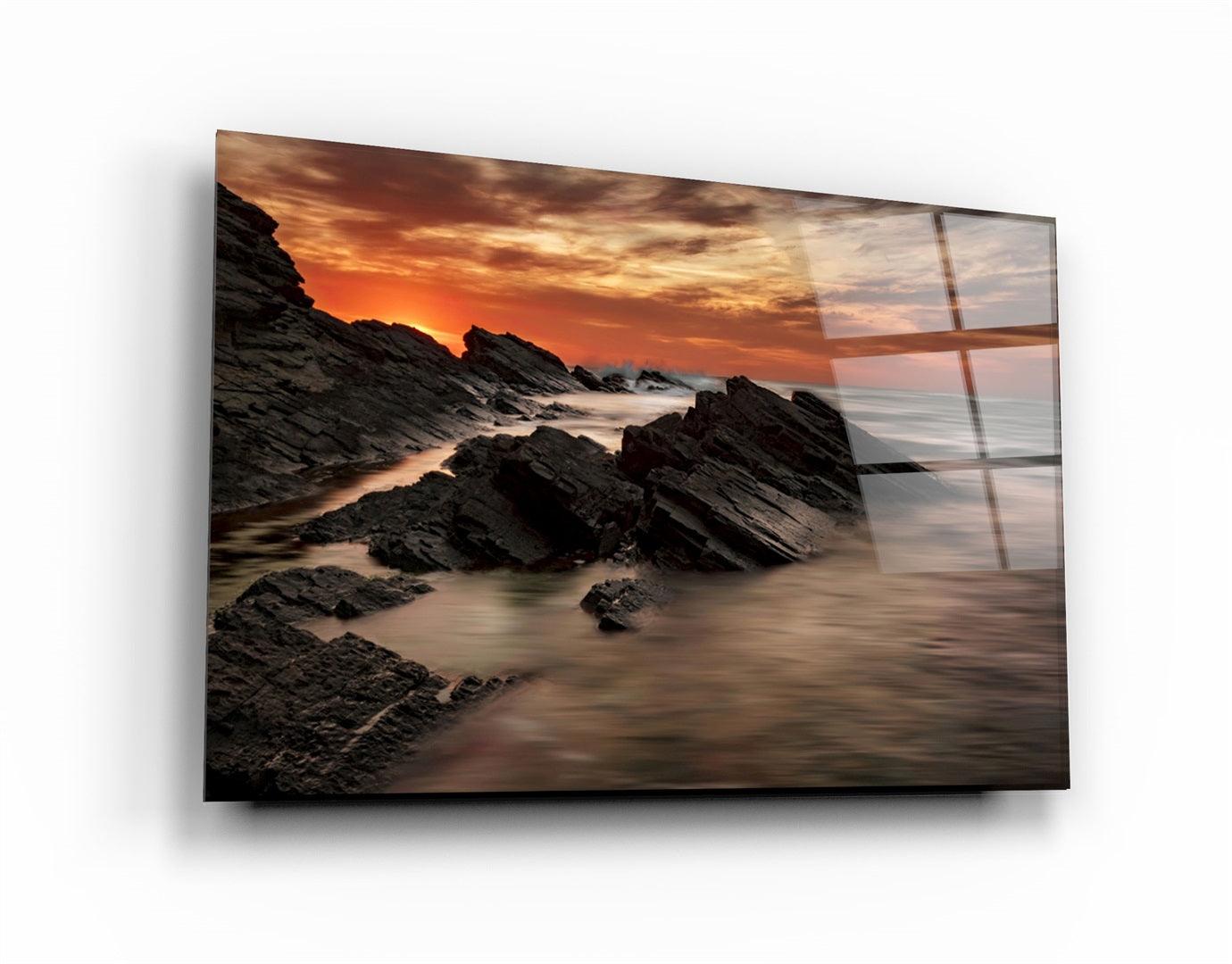 ・"Sharp Rocks and Sunset"・Glass Wall Art
