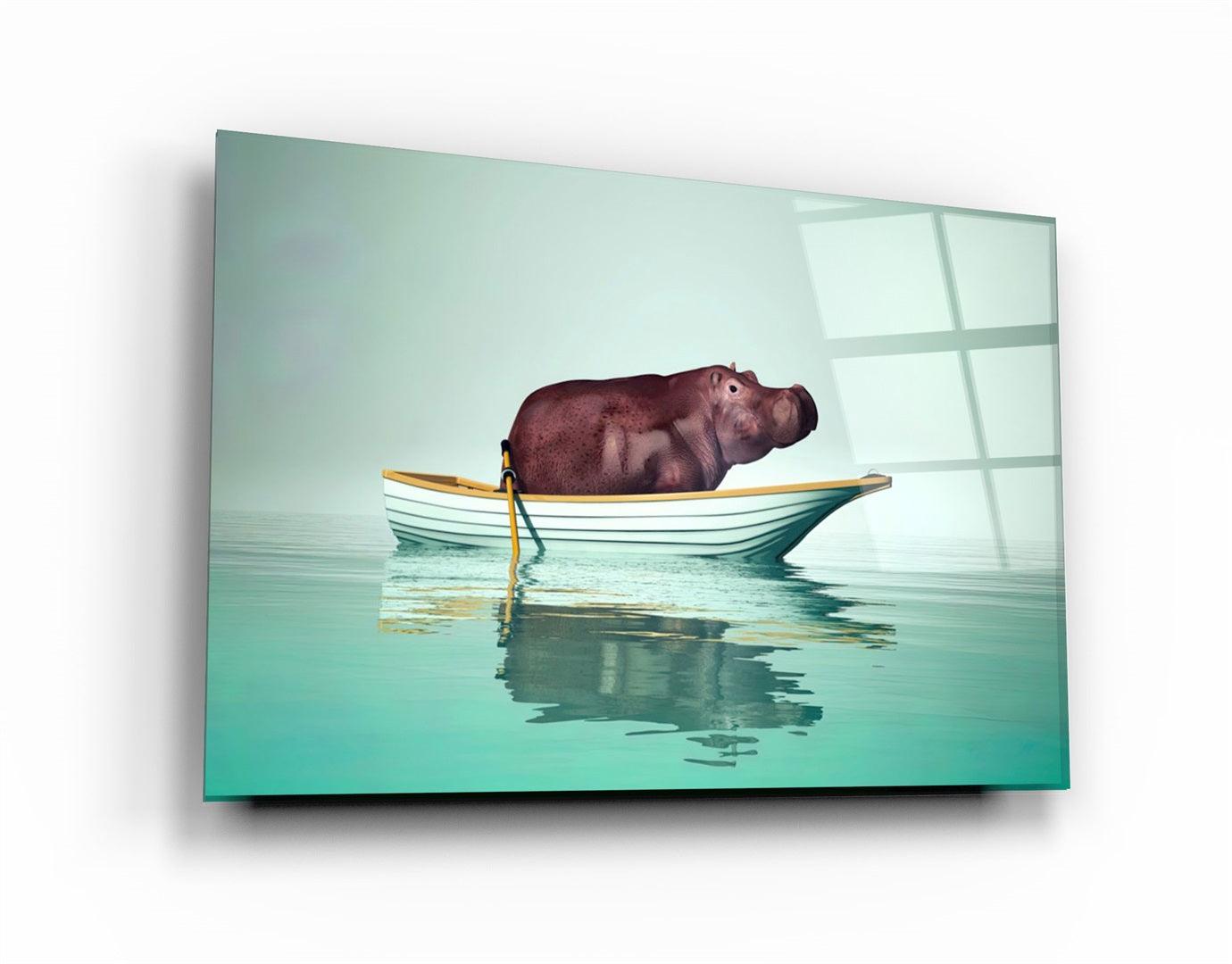 ・"Hippo on the Boat 1"・Glass Wall Art