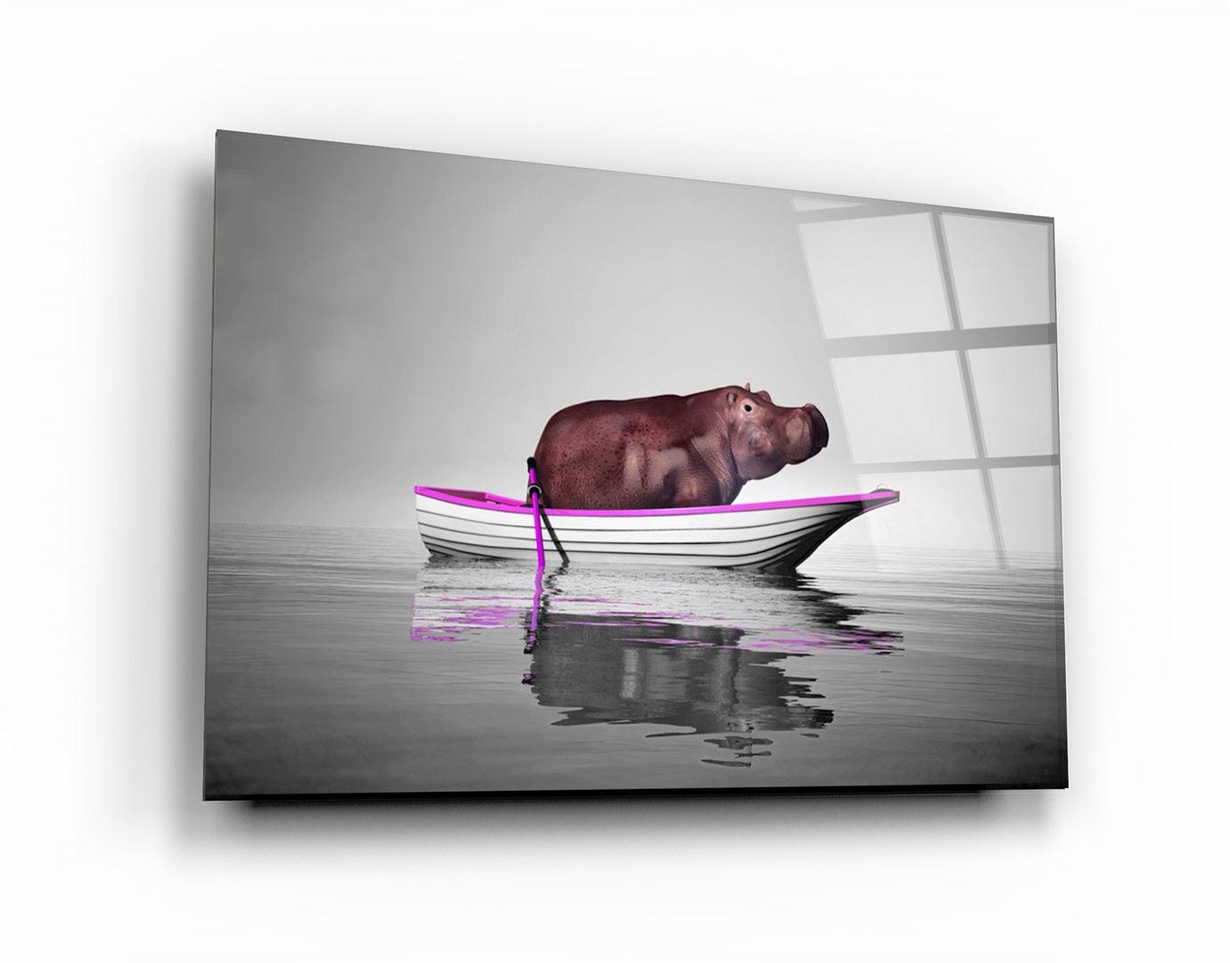 ・"Hippo on the Boat 2"・Glass Wall Art