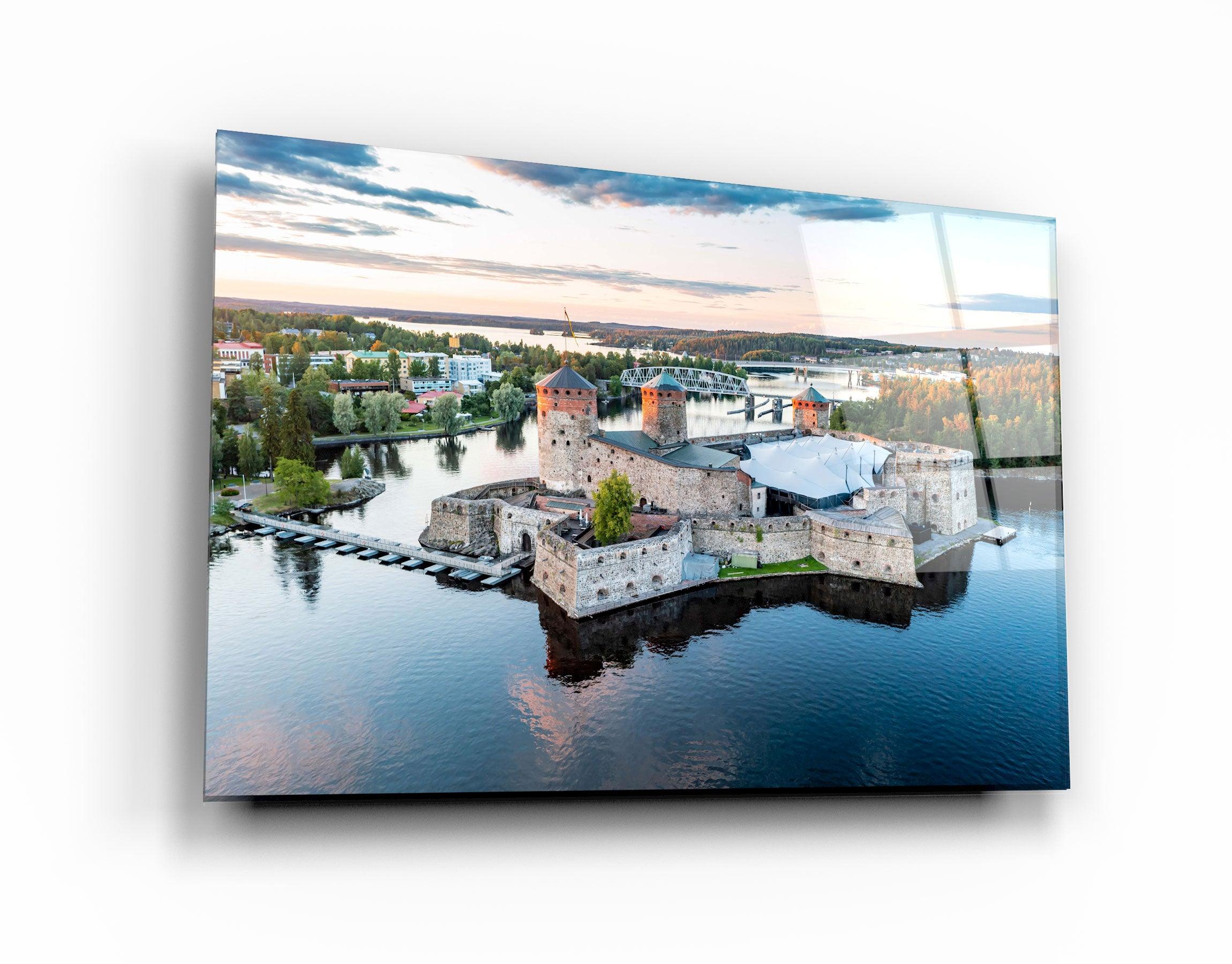 ・"Aerial view of Olavinlinna medieval castle in Savonlinna, Finland"・Glass Wall Art