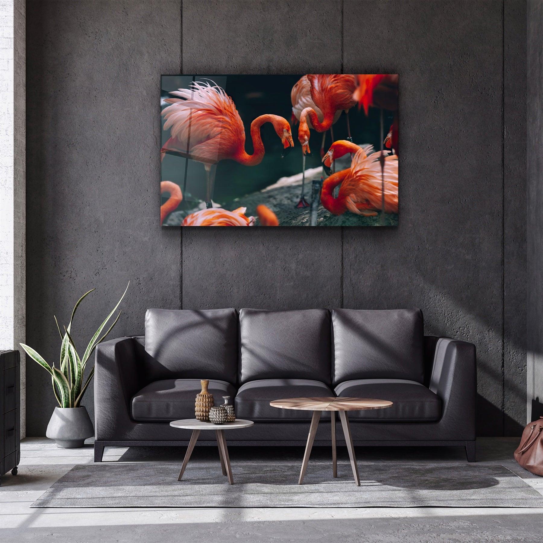 ・"Orange Flamingos"・Glass Wall Art