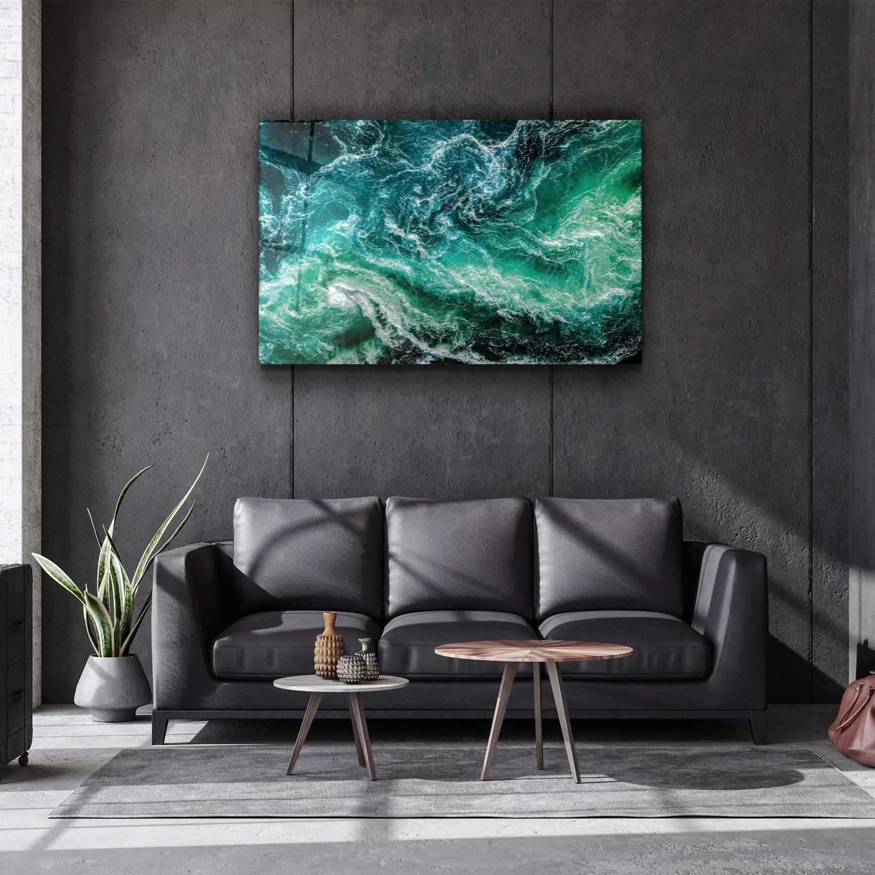 ・"Green Waves"・Glass Wall Art