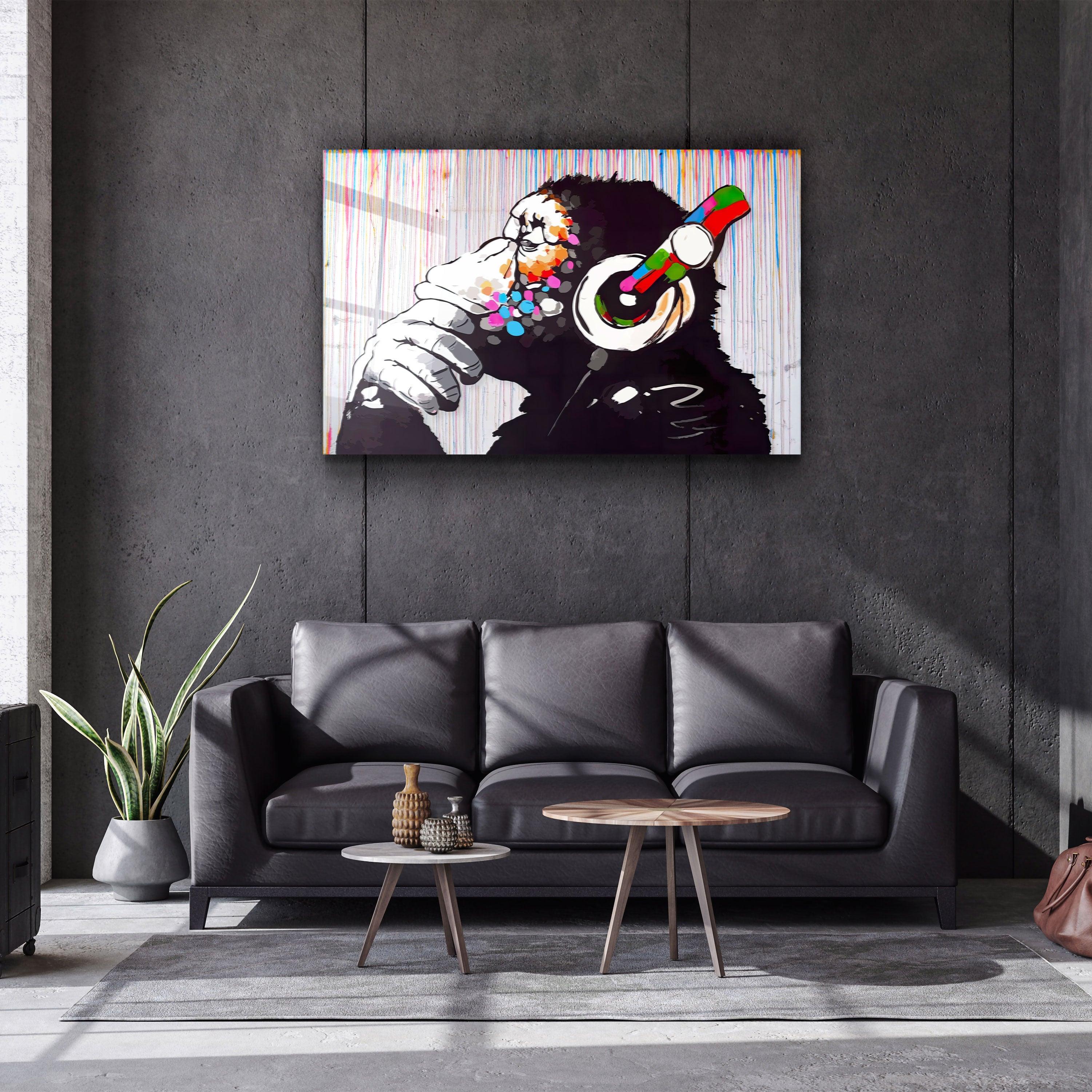 Banksy Monkey Beat Glass Wall Art - ArtDesigna Glass Printing Wall Art