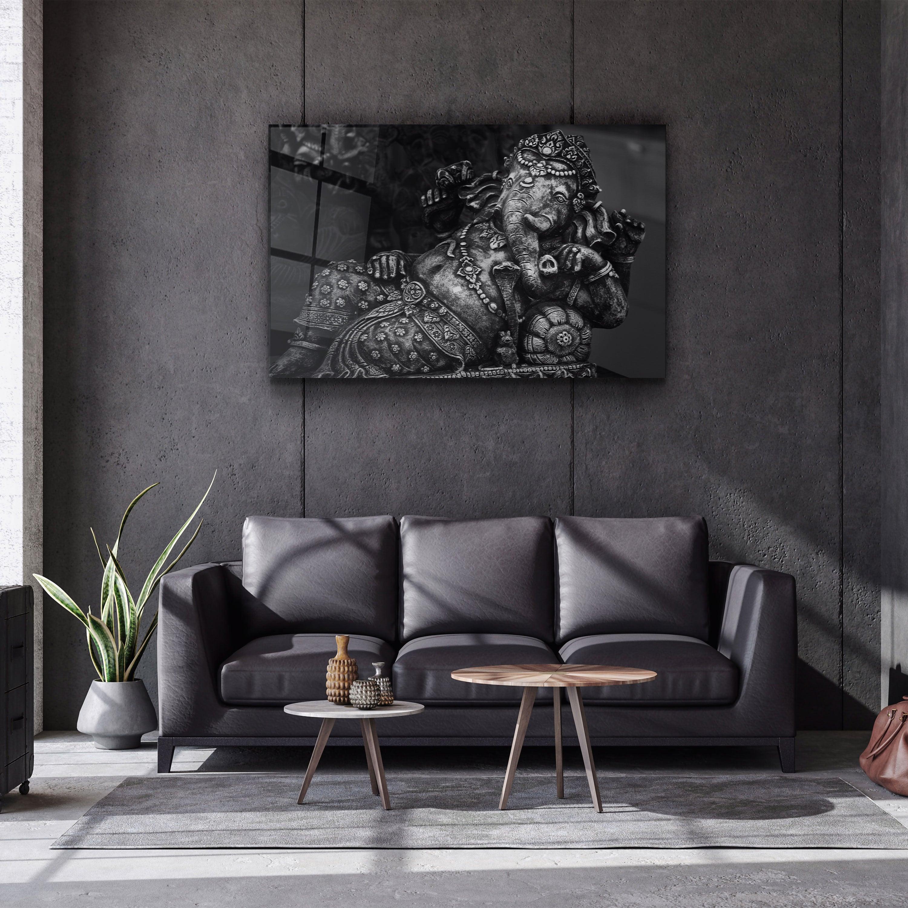 ・"Lord Ganesha Sculpture B&W"・Glass Wall Art
