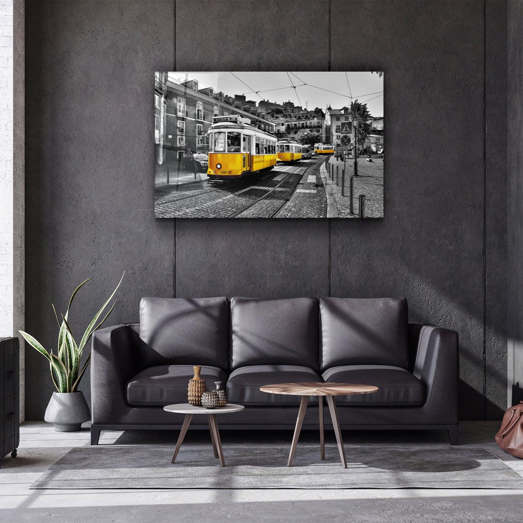 ・"Yellow Tram (Lisbon)"・Glass Wall Art