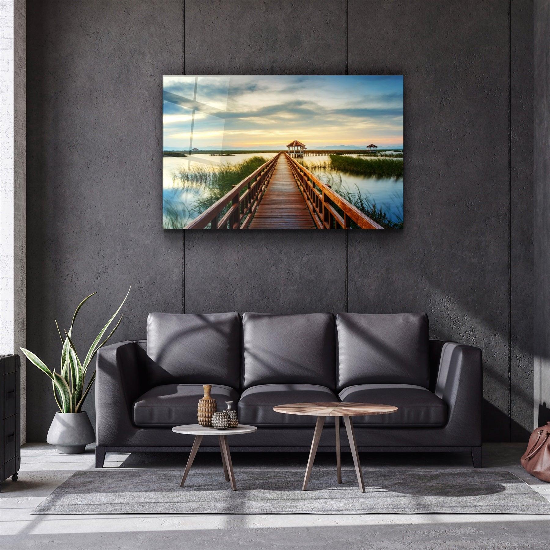 ・"Long Pier on the Lake"・Glass Wall Art