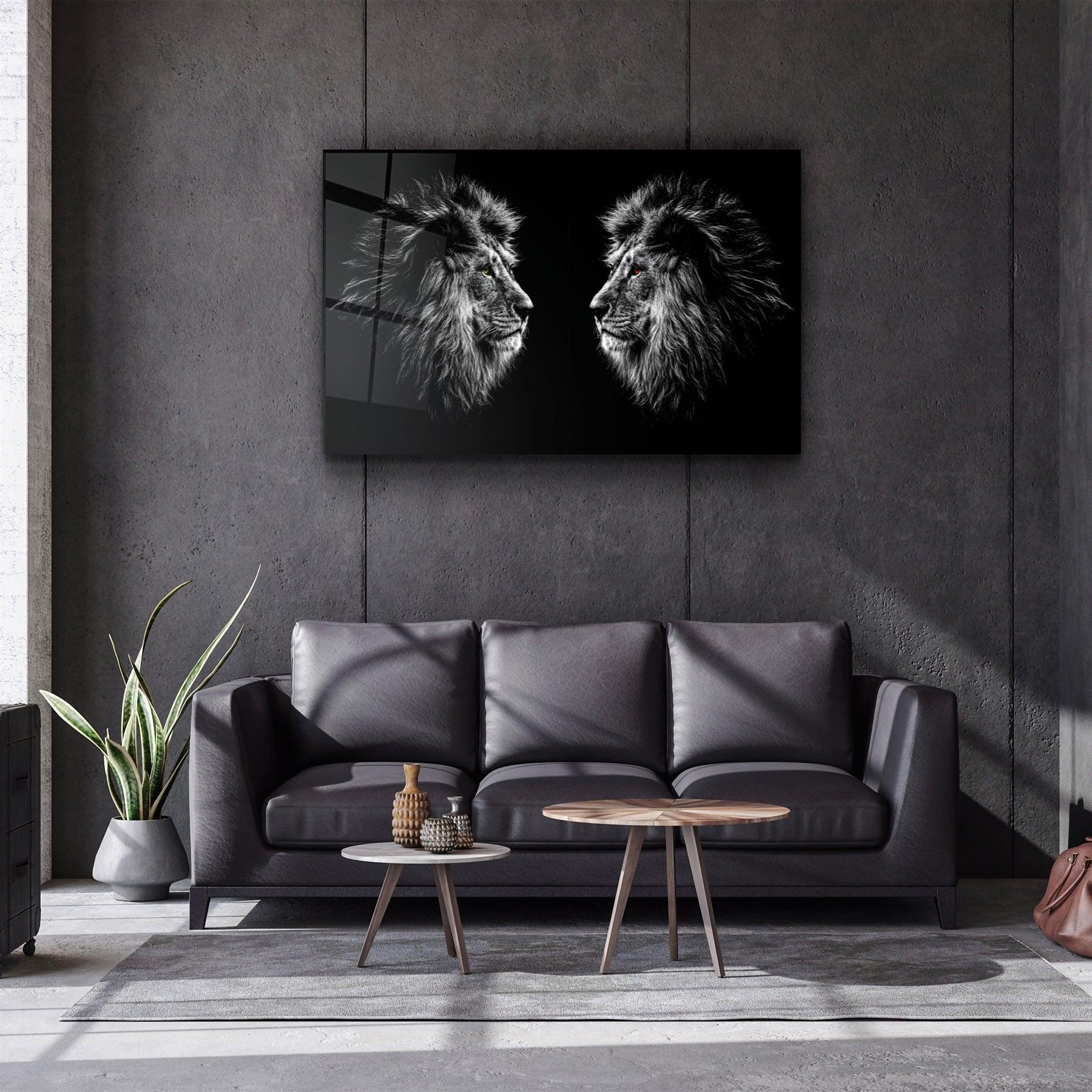 ・"Lions Confrontation BW "・Glass Wall Art