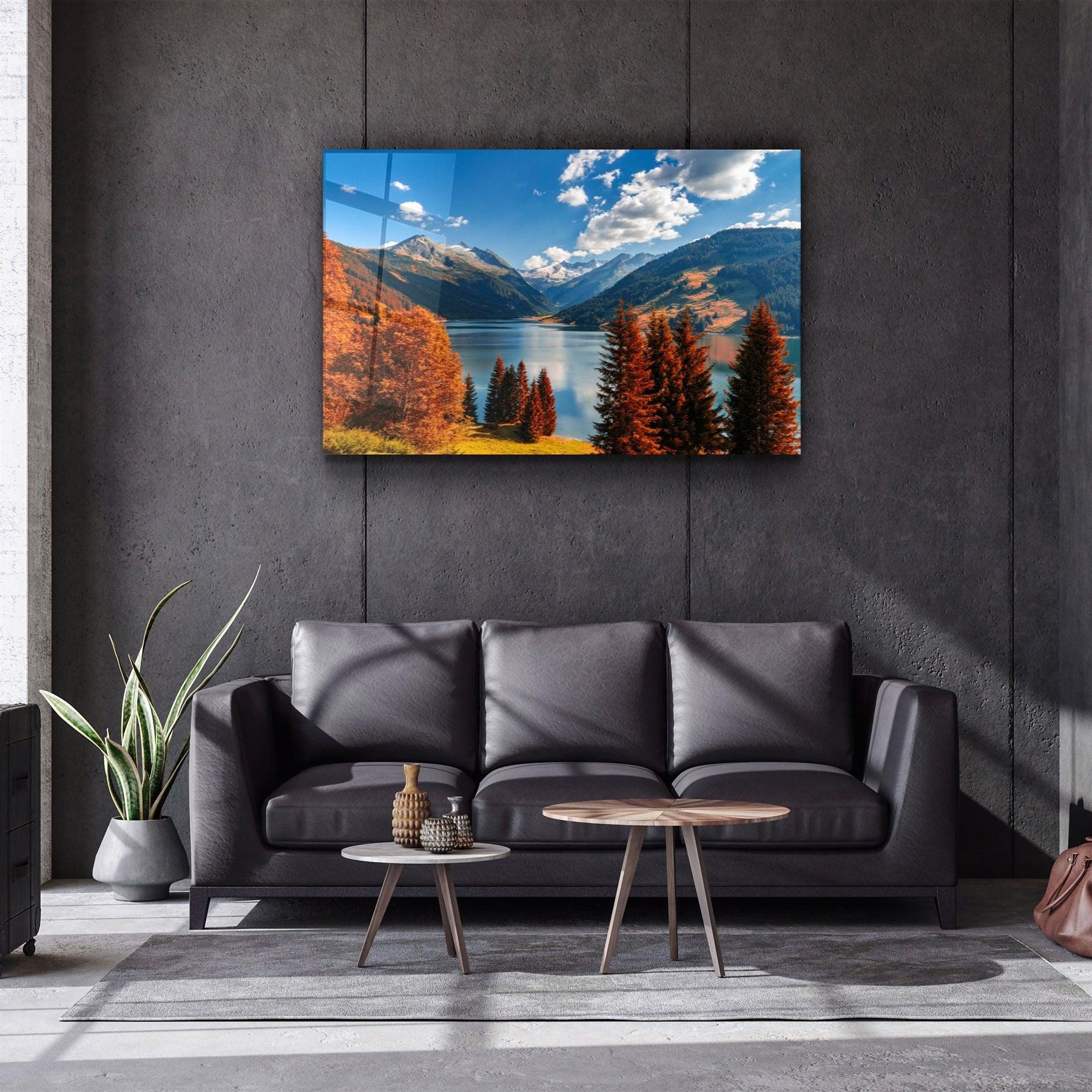 ・"Lake and Mountain Landscape"・Glass Wall Art