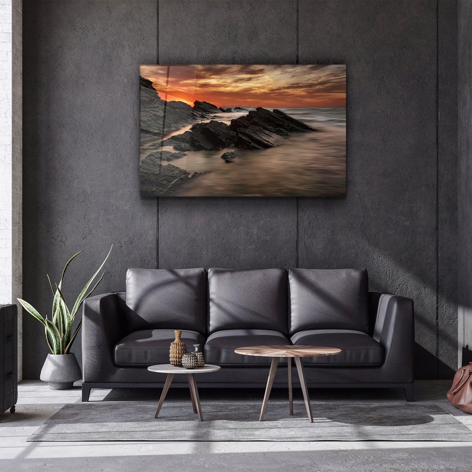 ・"Sharp Rocks and Sunset"・Glass Wall Art