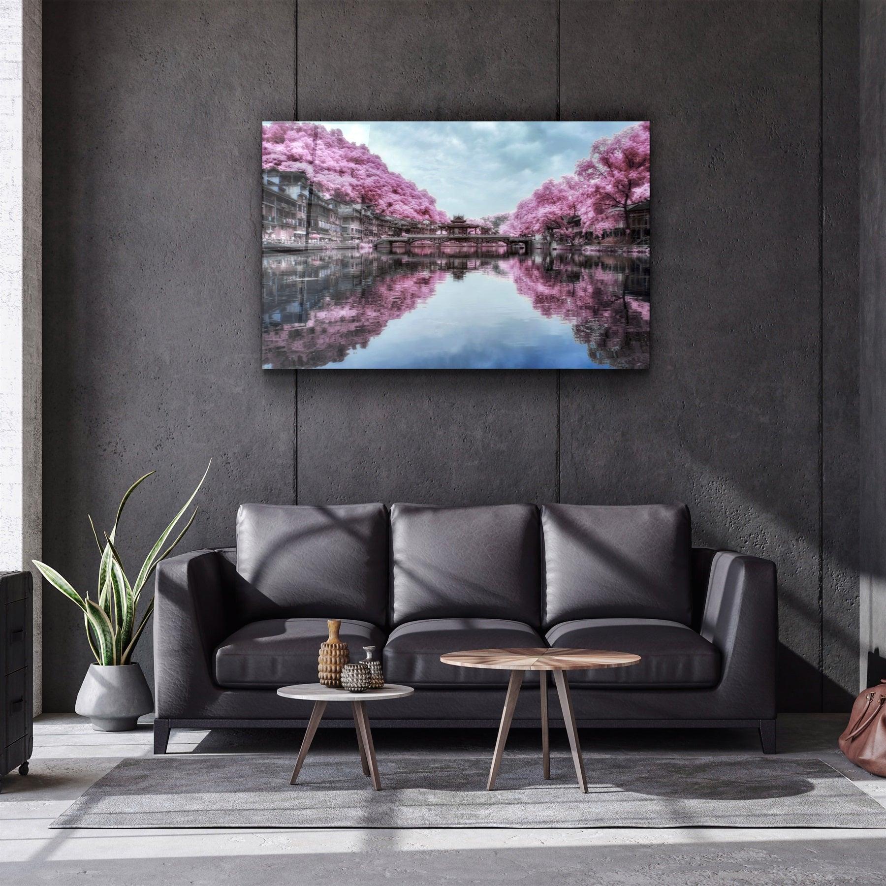 ・"Pink Trees Reflection"・Glass Wall Art