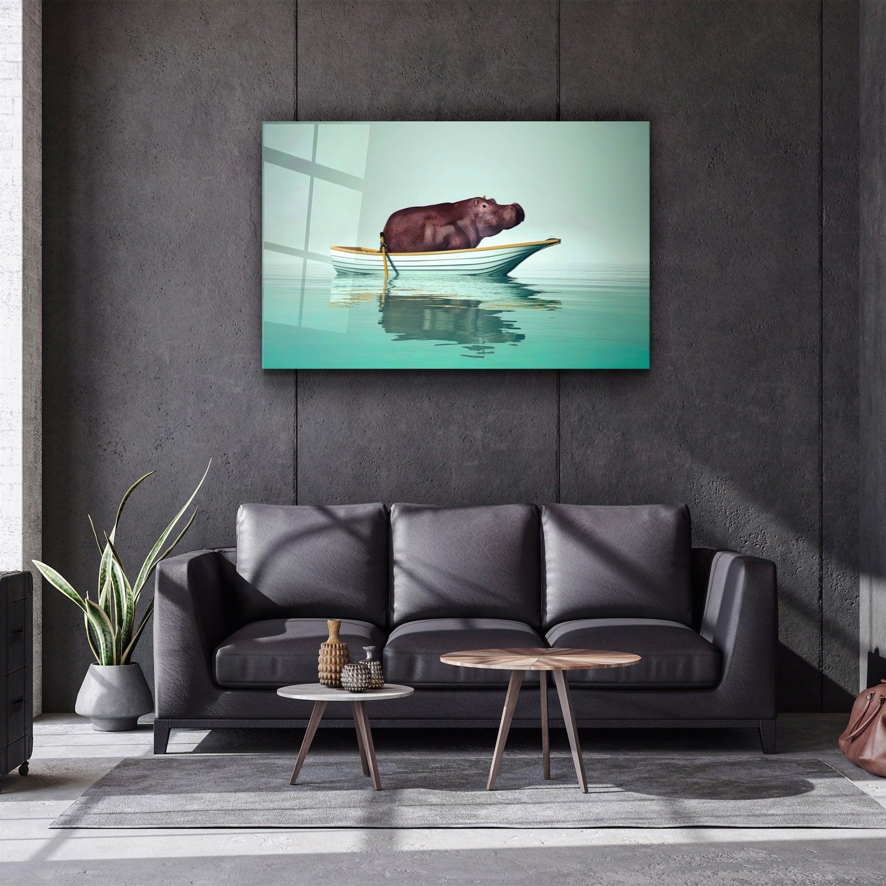 ・"Hippo on the Boat 1"・Glass Wall Art