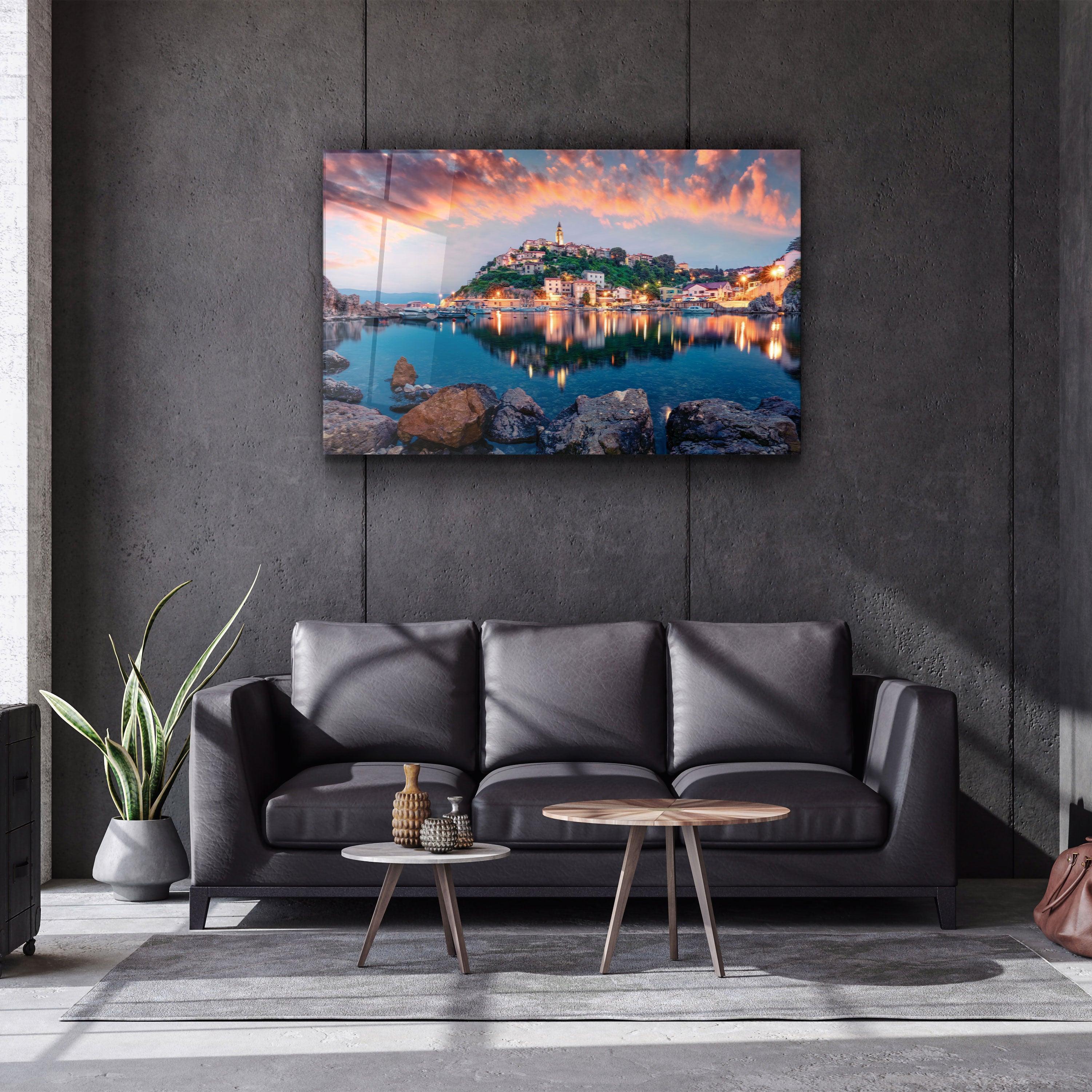 ・"Breathtaking evening cityscape of Vrbnik town"・Glass Wall Art