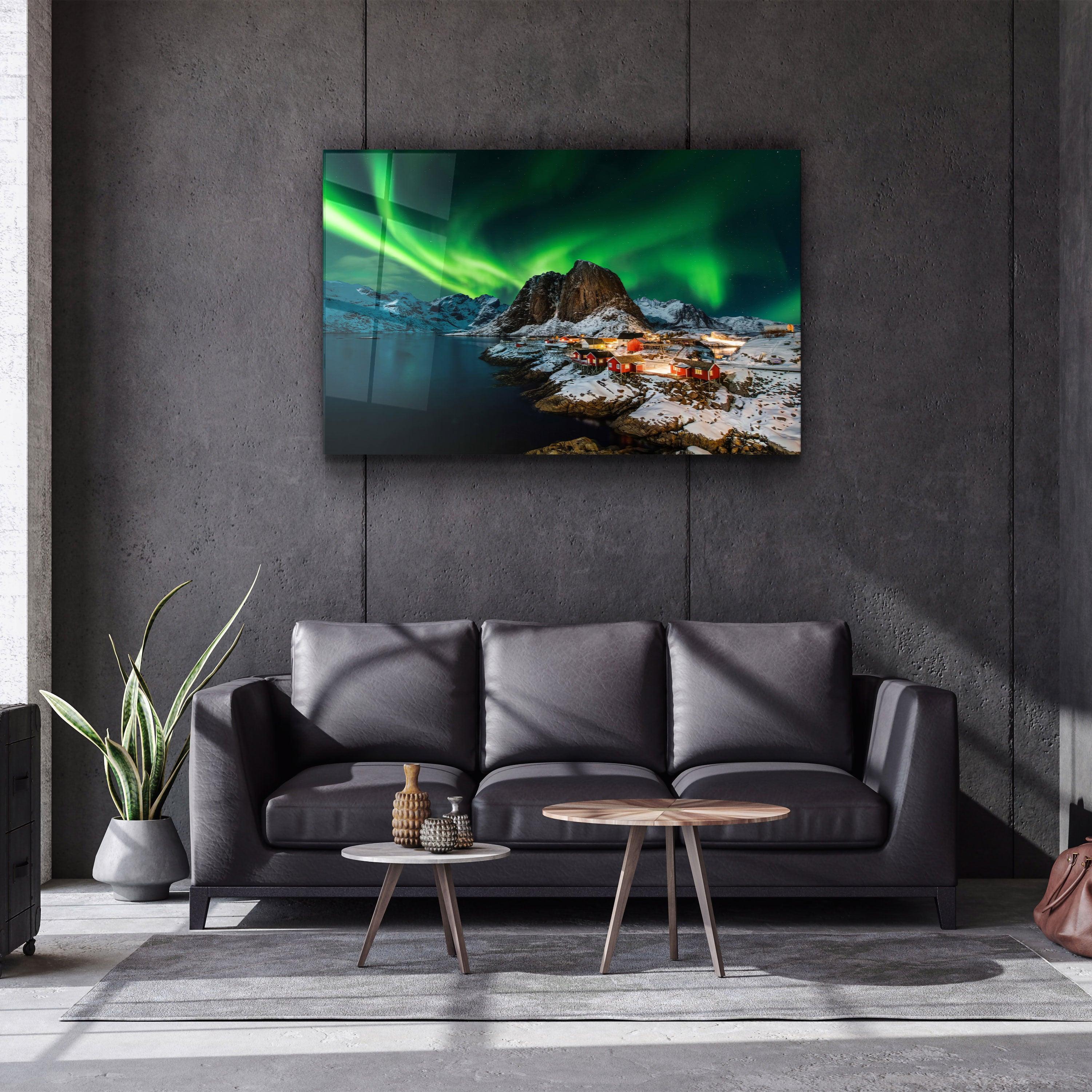 Aurora borealis over Hamnoy in Norway | Glass Wall Art