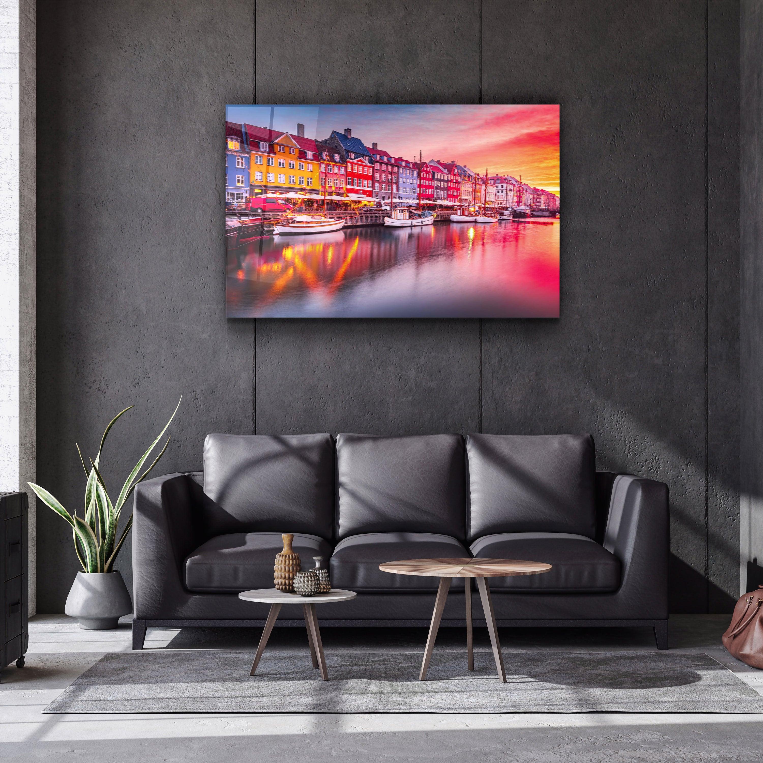 ・"Copenhagen, Denmark. Experience the breathtaking beauty of Nyhavn canal at sunrise"・Glass Wall Art
