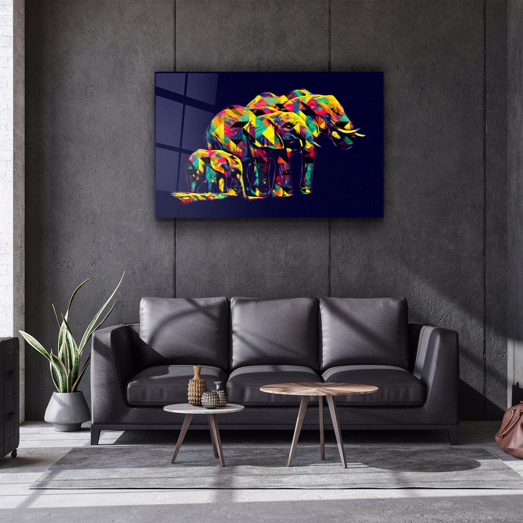 ・"Colormix Elephant Family"・Glass Wall Art