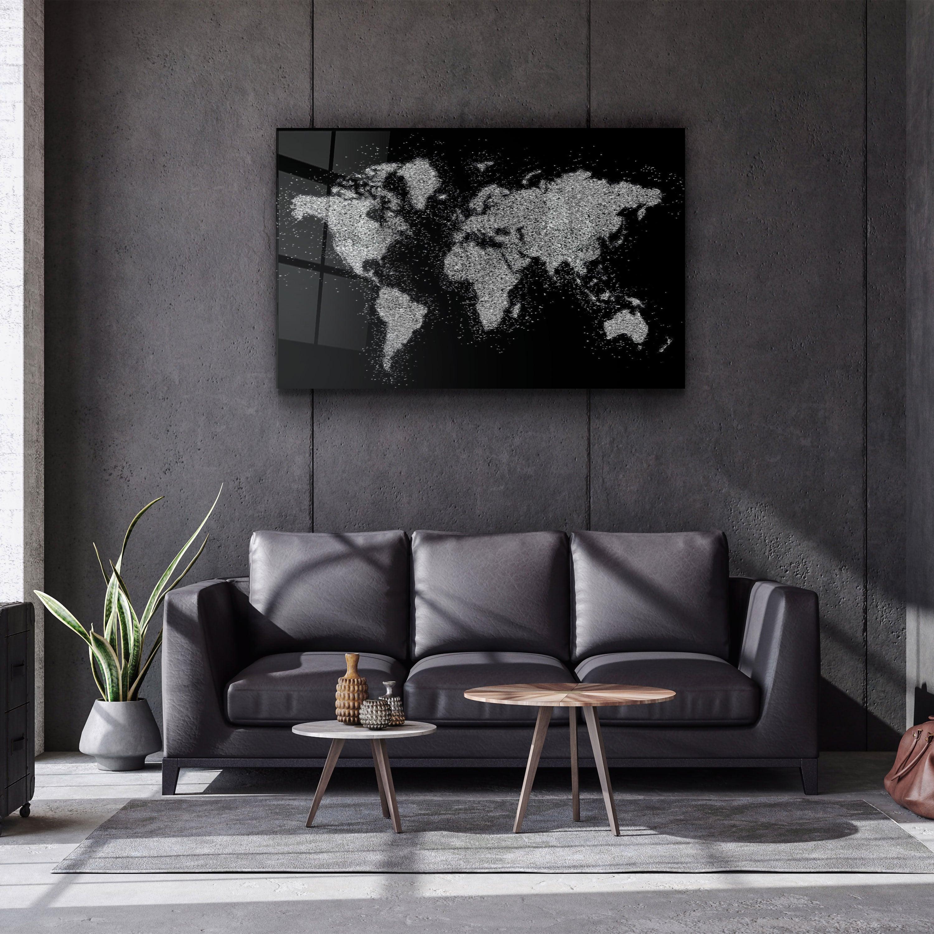 ・"World Map In Silver"・Glass Wall Art