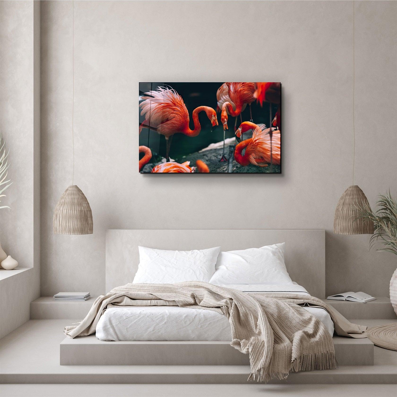 ・"Orange Flamingos"・Glass Wall Art