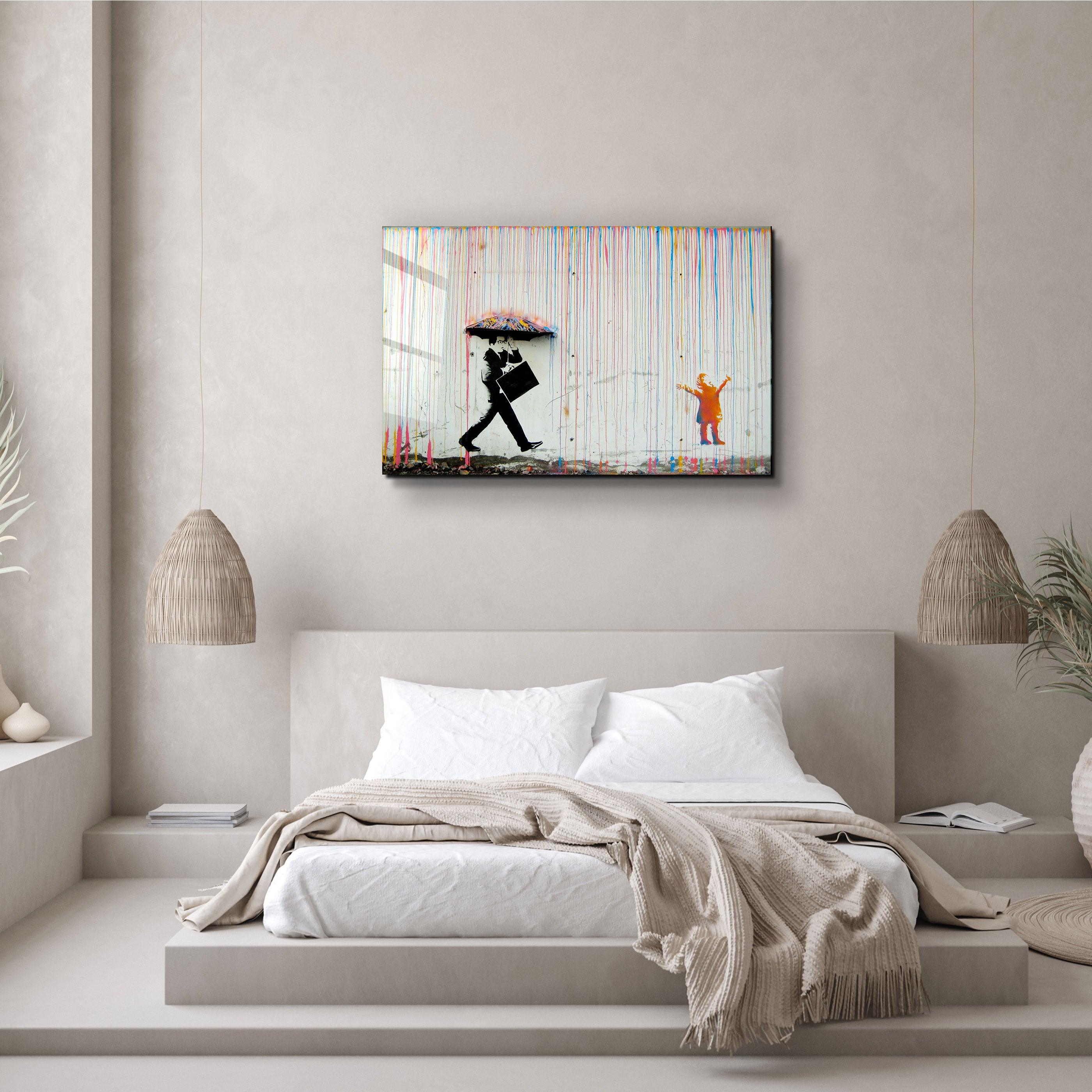 Banksy Umbrella Man Rainbow Rain Girl Glass Wall Art - ArtDesigna Glass Printing Wall Art