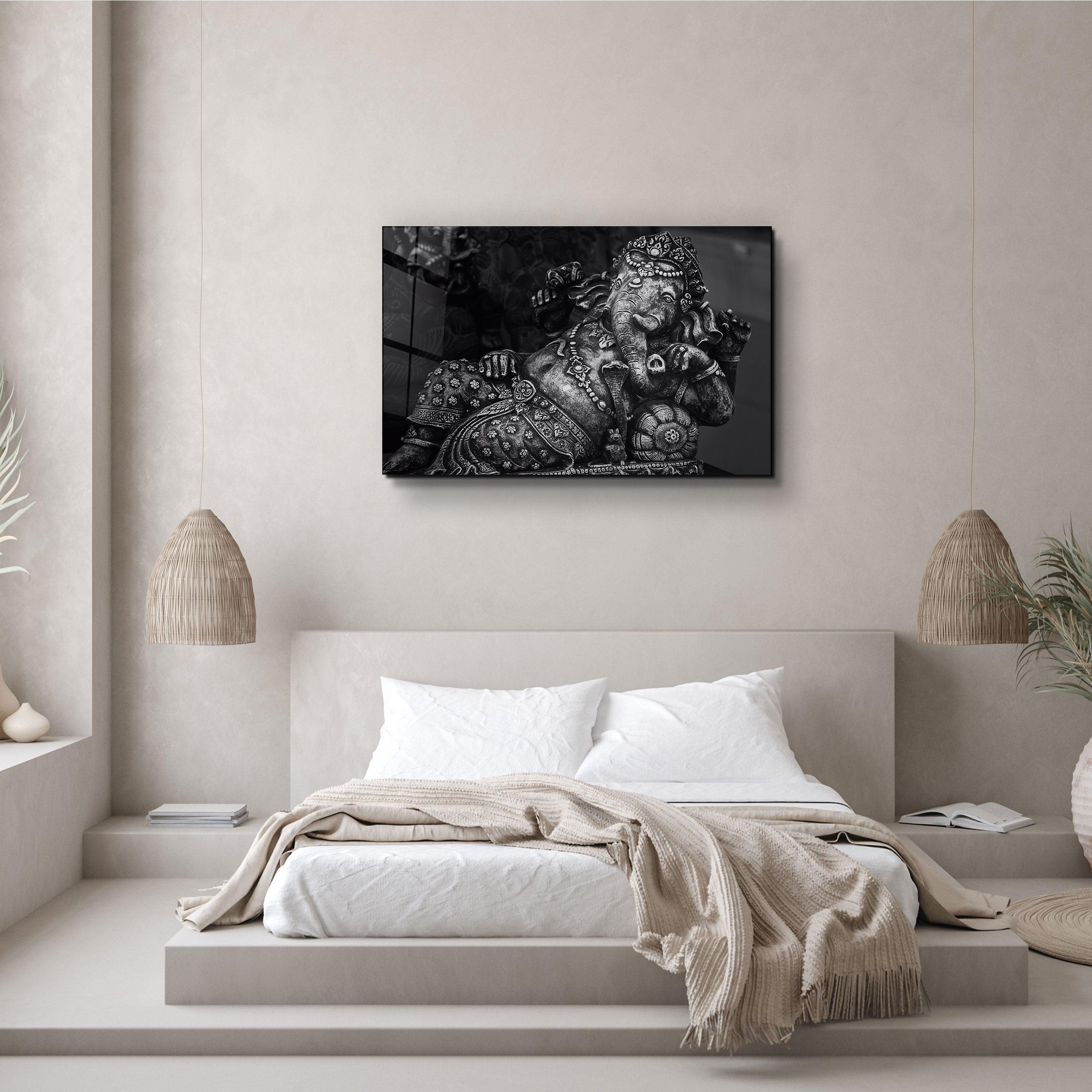 ・"Lord Ganesha Sculpture B&W"・Glass Wall Art