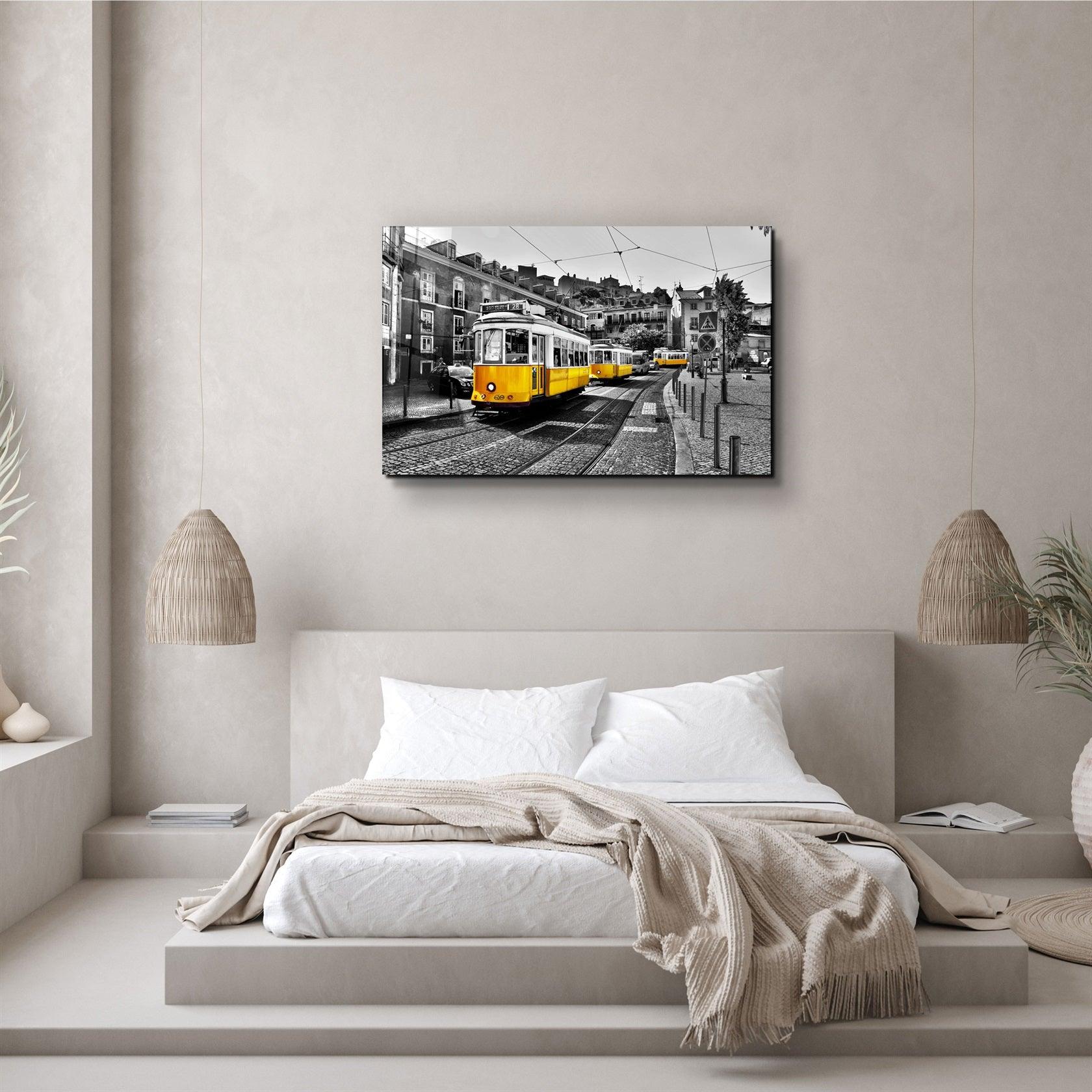 ・"Yellow Tram (Lisbon)"・Glass Wall Art