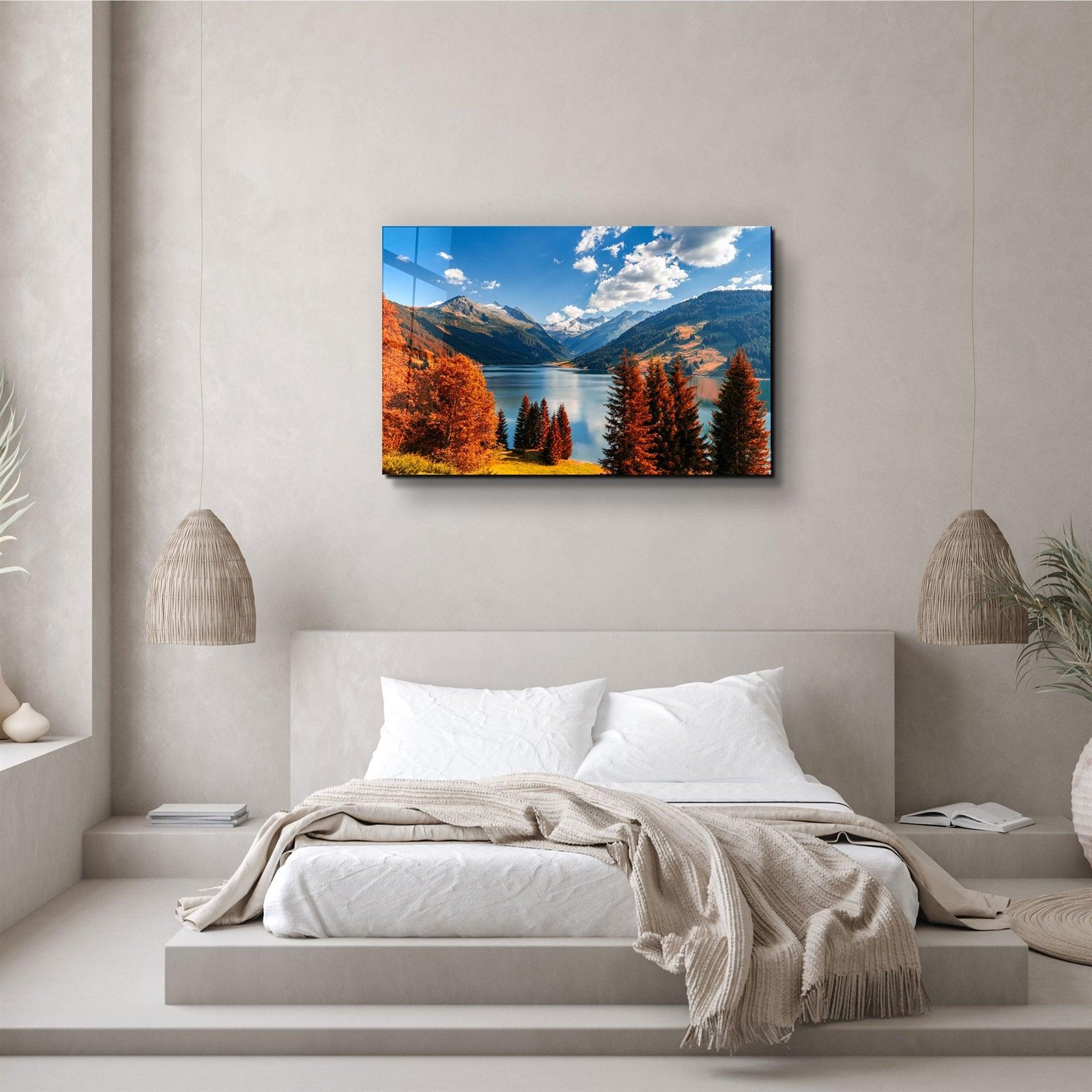 ・"Lake and Mountain Landscape"・Glass Wall Art