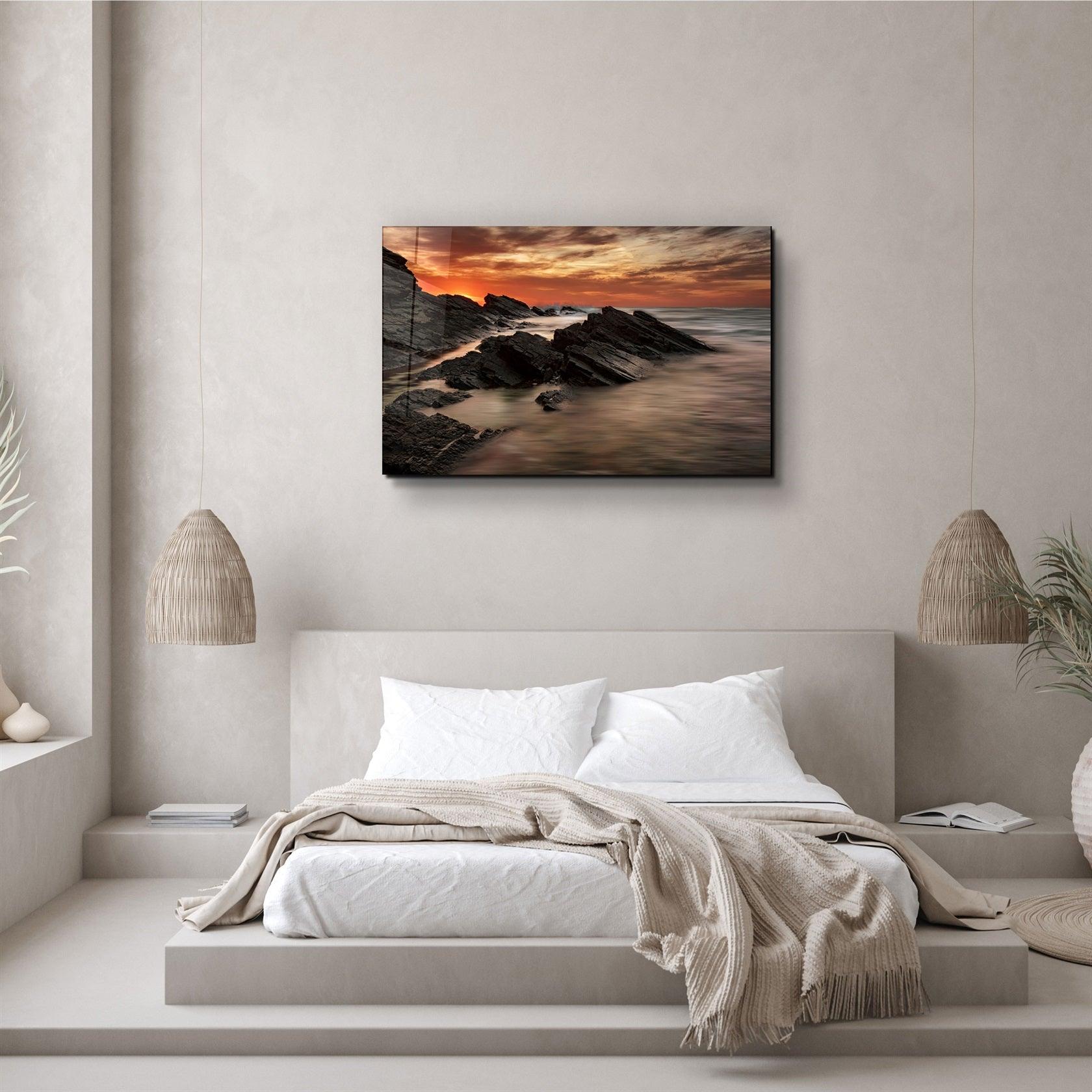 ・"Sharp Rocks and Sunset"・Glass Wall Art