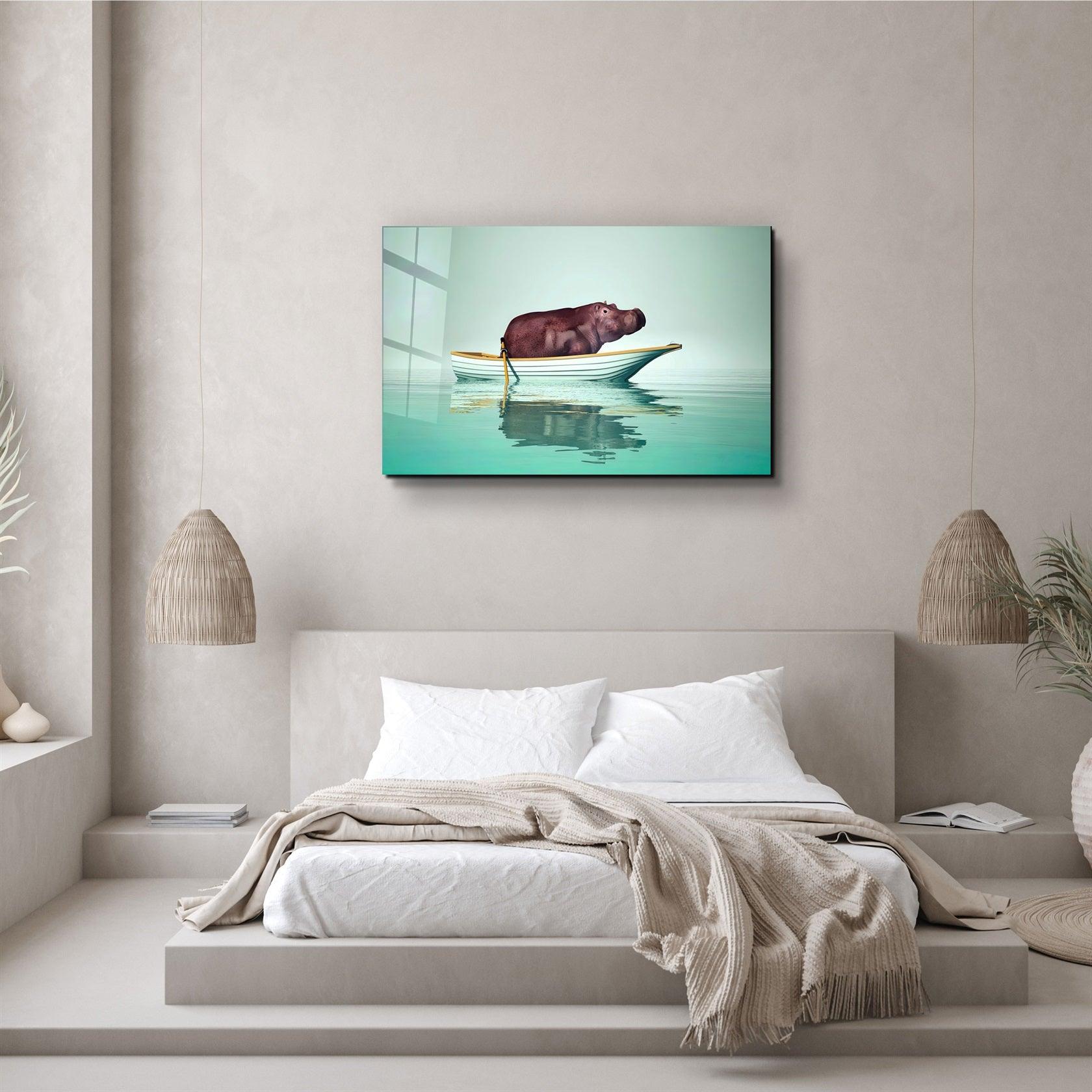 ・"Hippo on the Boat 1"・Glass Wall Art