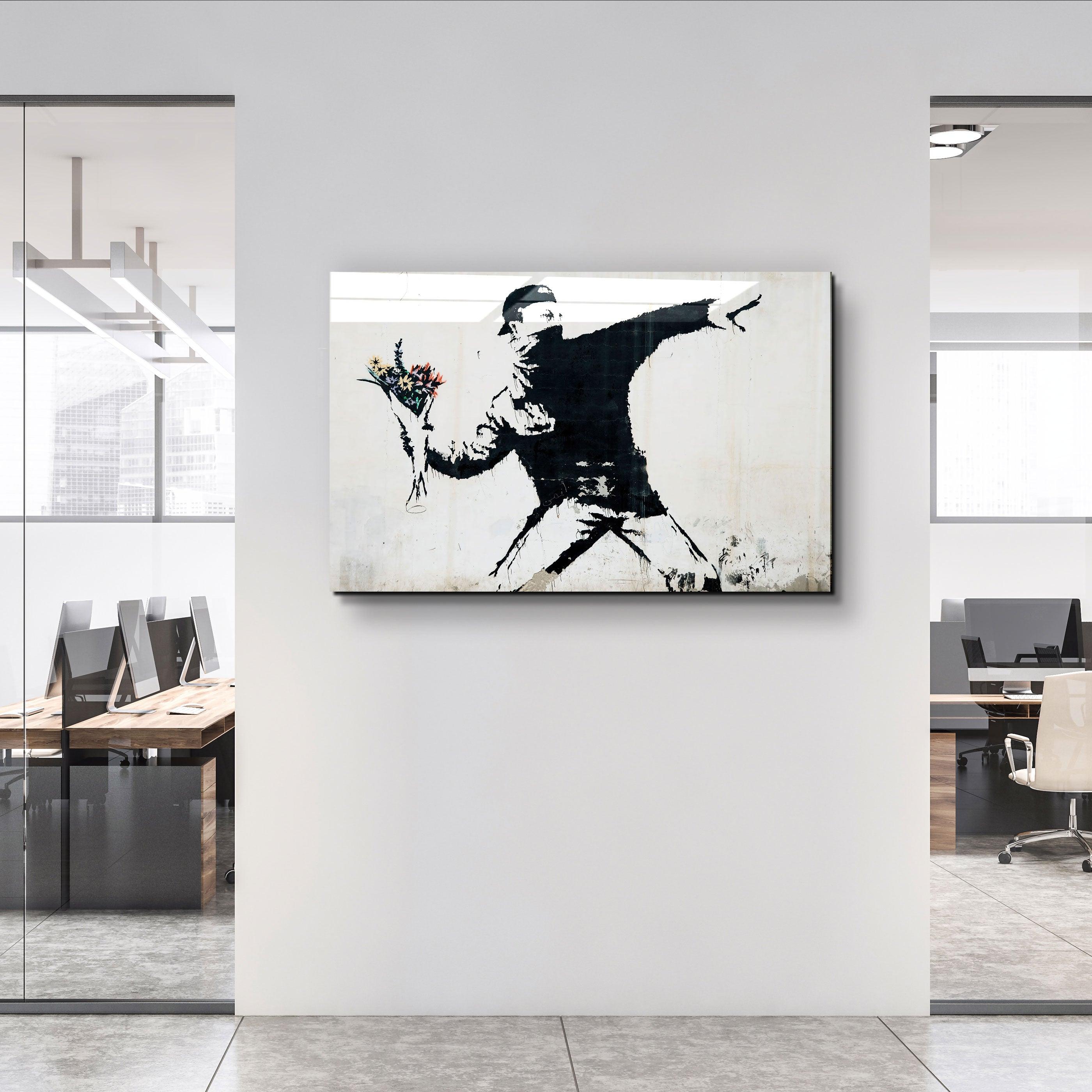 ・"Banksy - Rioter Throwing a Flower Bouquet"・Glass Wall Art