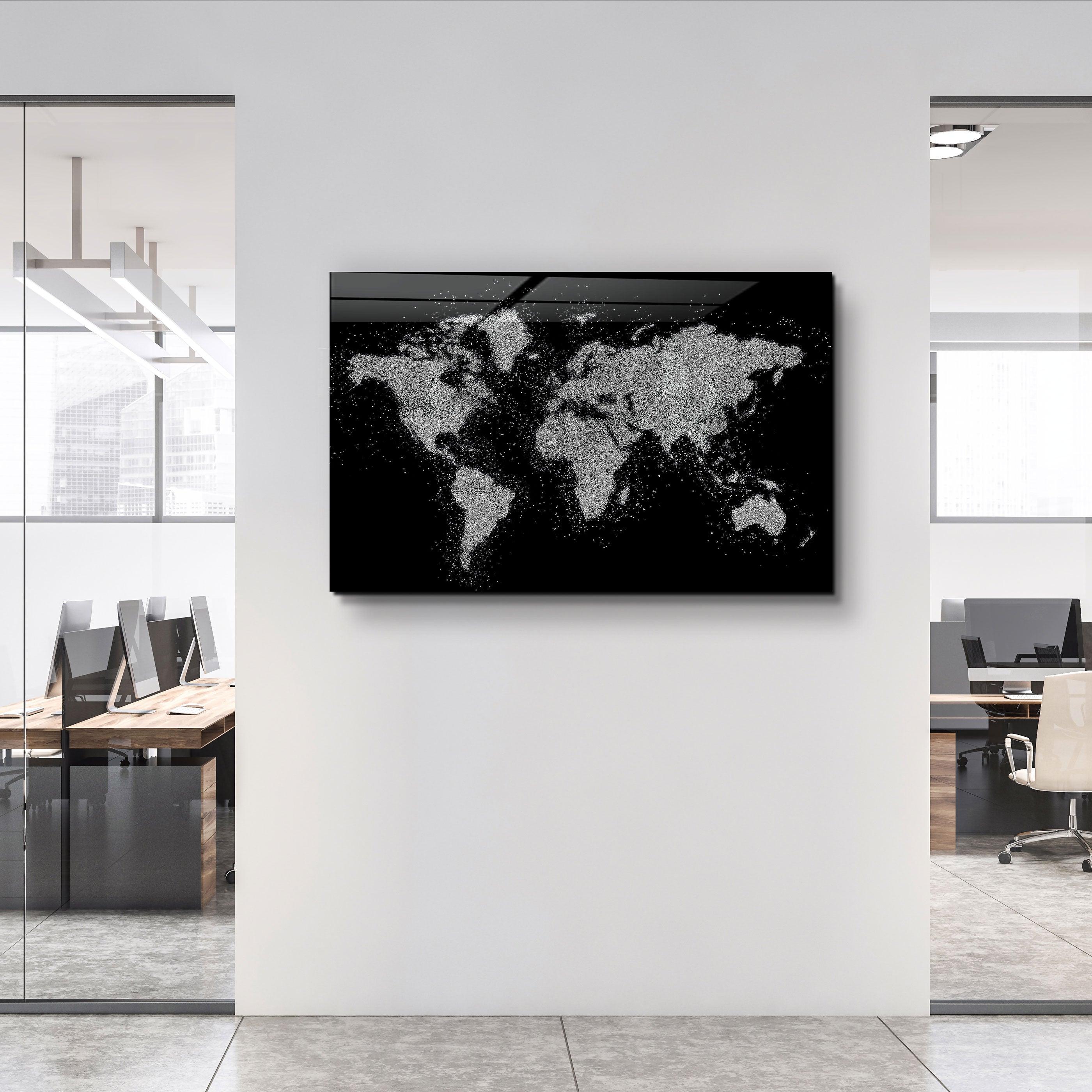 ・"World Map In Silver"・Glass Wall Art