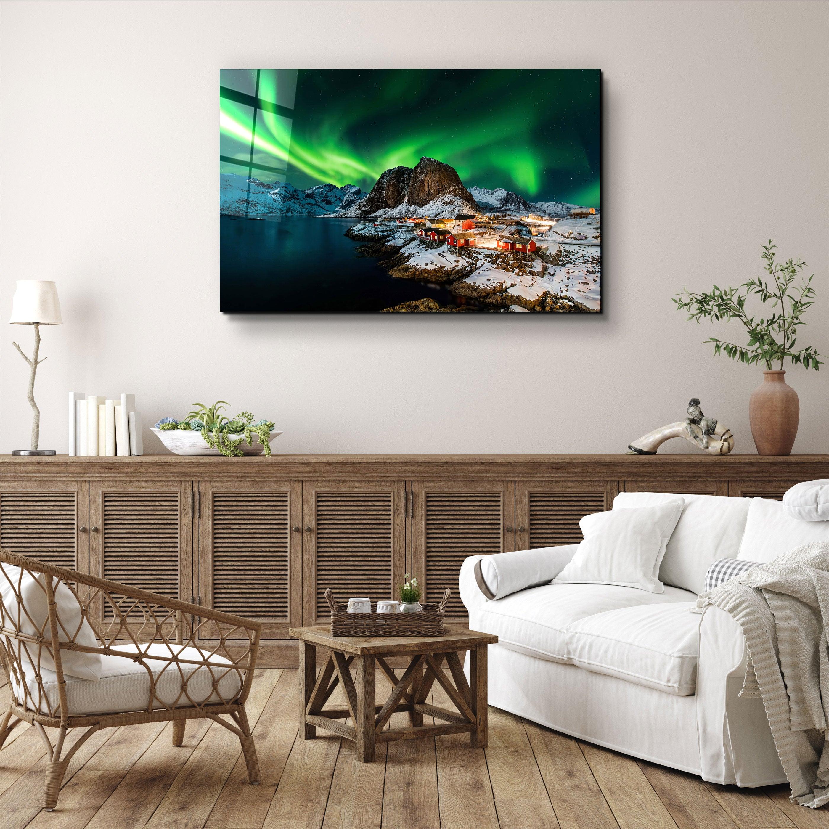 Aurora borealis over Hamnoy in Norway | Glass Wall Art