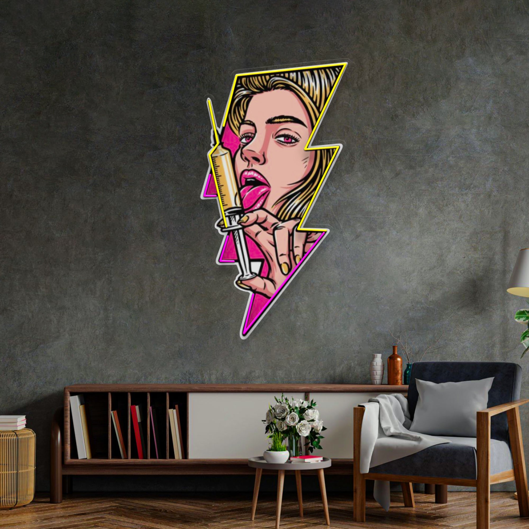 Beautiful Woman Is Holding An Injection LED Neon Sign Light Pop Art