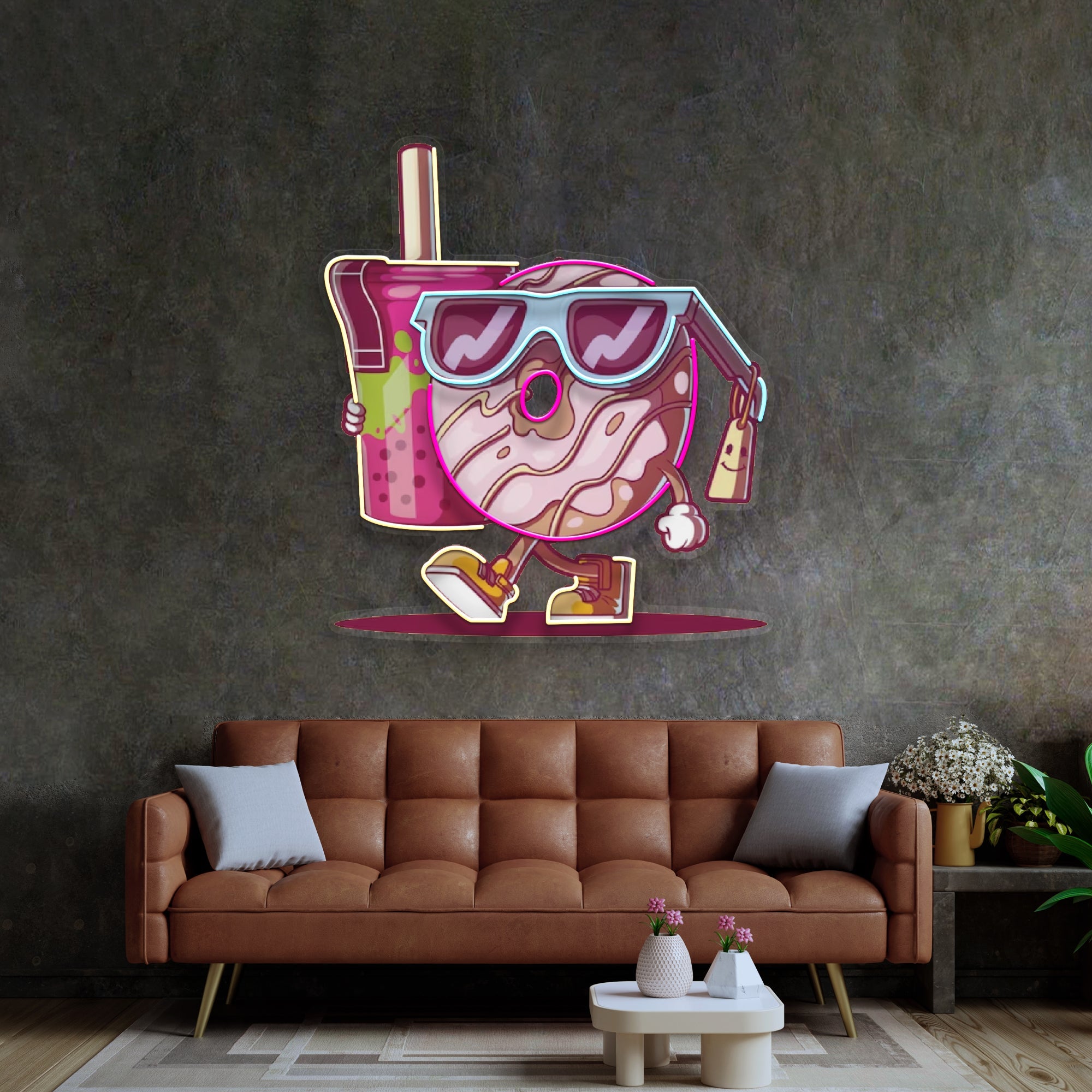 Cool Donut Holding a Tea Cup LED Neon Sign Light Pop Art