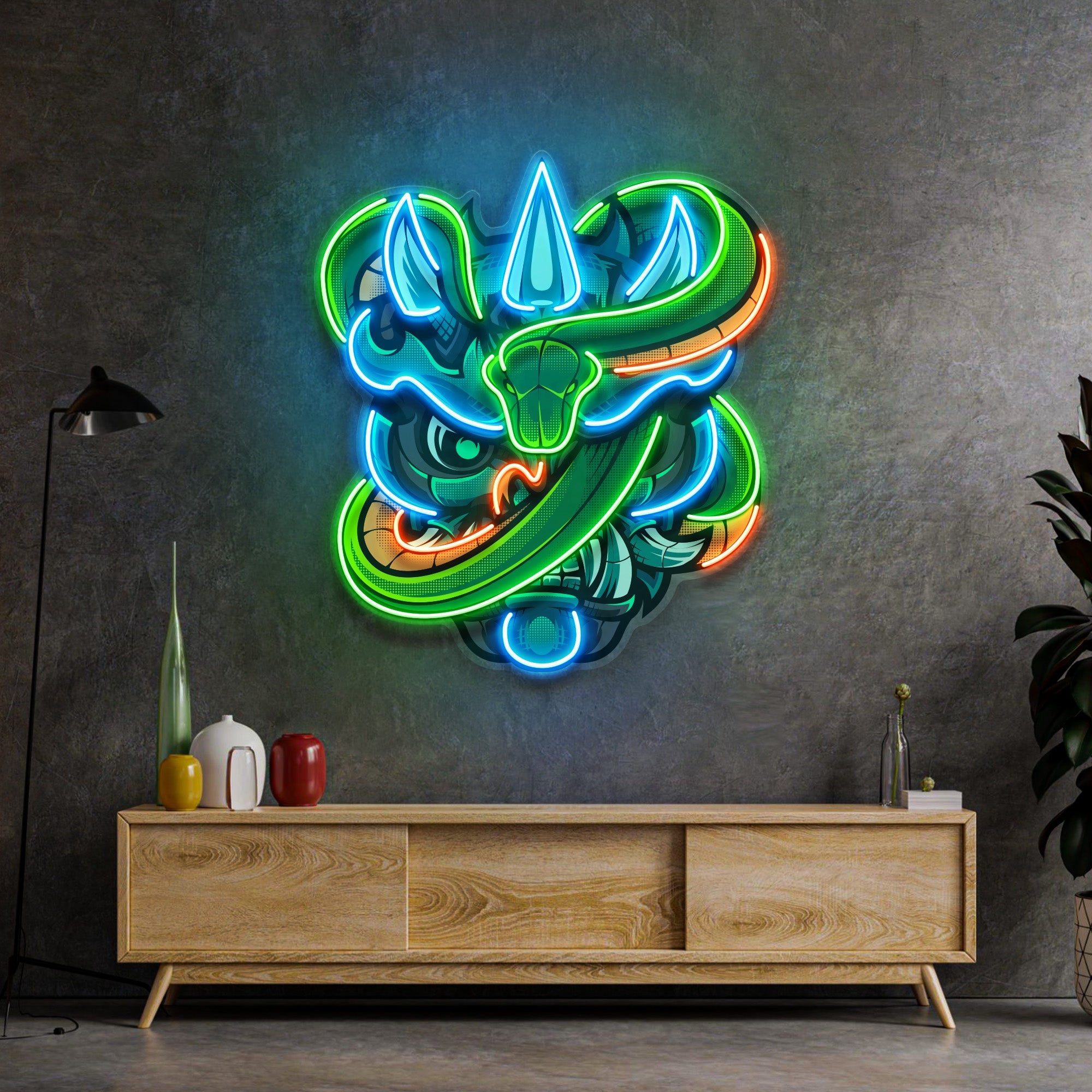 Oni Head And Green Snake LED Neon Sign Light Pop Art